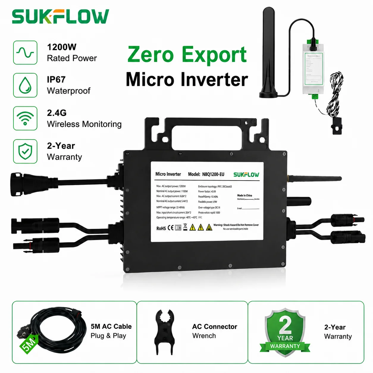 Flexible Solar Panel - SUKFLOW Zero Expert 1200W グリッドタイマイクロインバーター（5M ACケーブル内蔵、WiFi＆Bluetooth